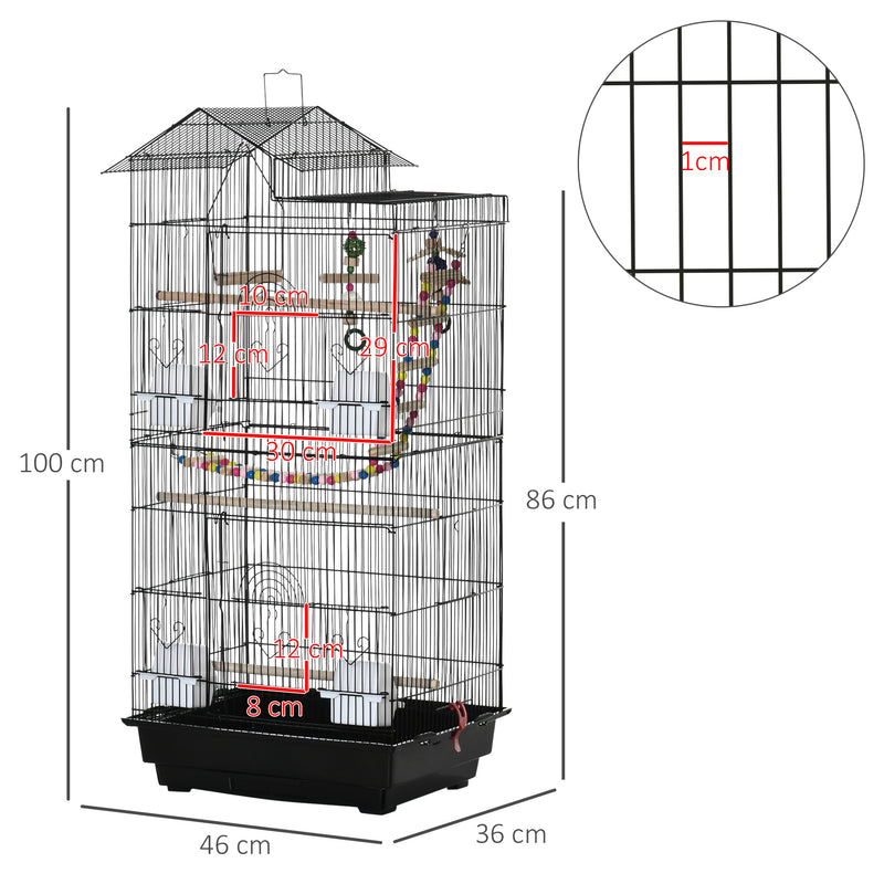 Gabbia per Uccelli con Scaletta Altalena Ciotole e Giochi 46x36x100 cm in Acciaio PP e Legno Nera-3