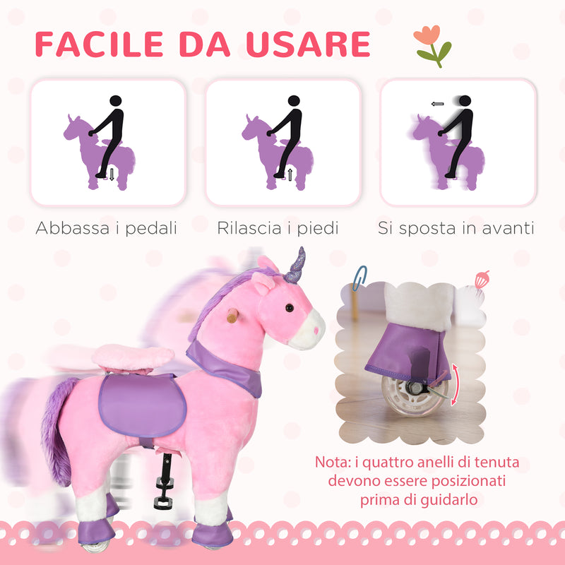 Cavallo a Dondolo per Bambini 70x32x87 cm con Ruote a Forma di Unicorno Rosa-5